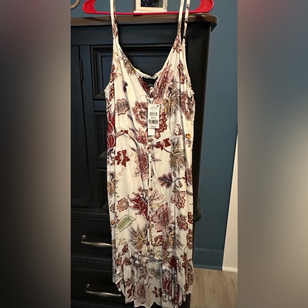 Sanctuary Floral High-Low Dress in Ivory with Burgundy and Green Print